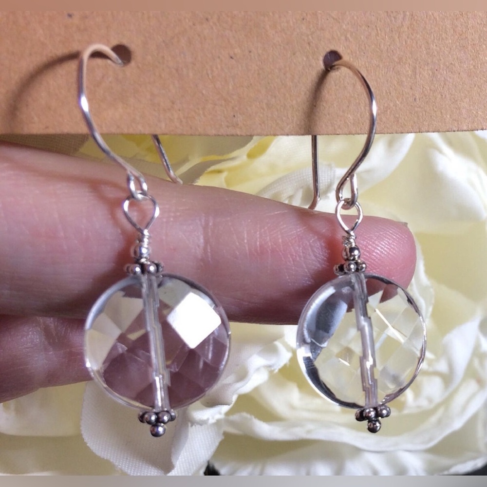 Natural Rock Quartz & Sterling Earrings Crystal Clear Faceted Coin Gemstones